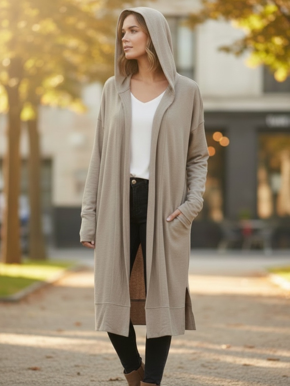 Mono B Open-Front Longline Hooded Cardigan